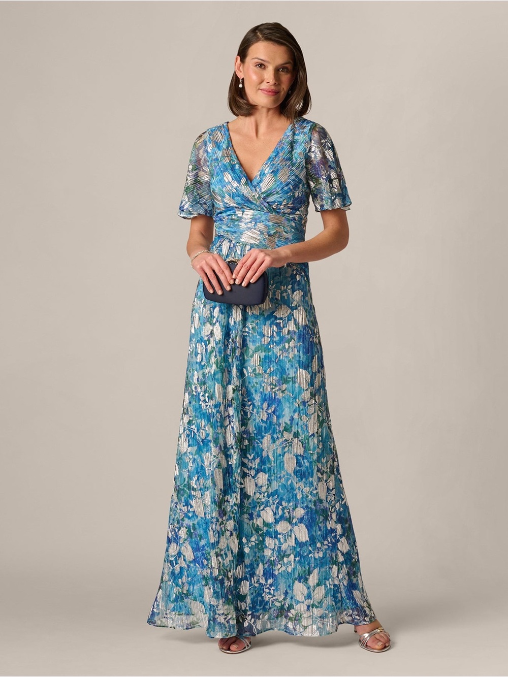 Adrianna Papell SZ 6 NWT Blue Silver Metallic Floral Formal Gown GALA MOB Garden